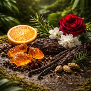 Arrangement of fragrance ingredients including a red rose, orange slice, honeycomb pieces, vanilla pods, star anise, cardamom, rosemary, and white blossoms on a dark textured surface.