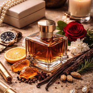 Square glass perfume bottle filled with amber liquid, surrounded by a red rose, orange slice, honeycomb pieces, vanilla pods, spices, a gold watch, pearls, and a candle on a marble surface.
