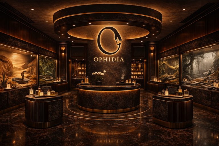 Hochwertiger Parumladen mit welcher mit 4 Terrariums mit schlangen ausgtattet ist. Alles in orangenen licht udn sehr dunkel gehalten.